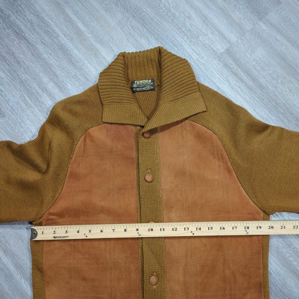 Vintage Tundra Cardigan Sweater Men's Medium Brown Knit Suede Elbow Patches 80s - Picture 14 of 16